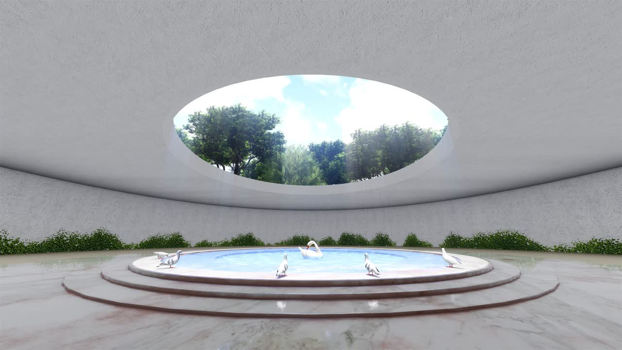 Modern Architectural Interior with Swan Fountain