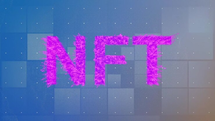 Animación de NFT sobre fondo azul y beige con cuadrados