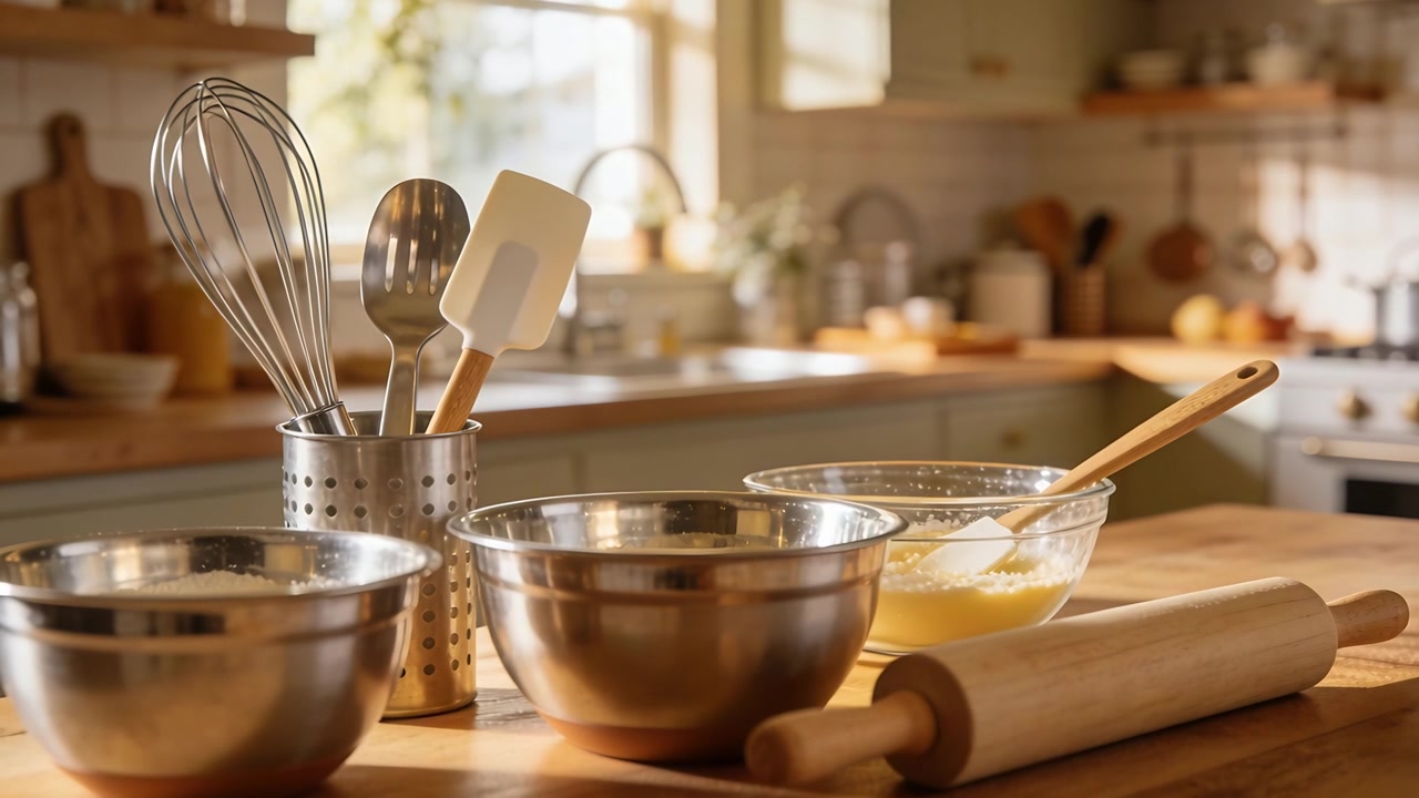 Pushing camera in, catching sunlight on kitchen counter, showing metal bowls glass bowl rolling pin