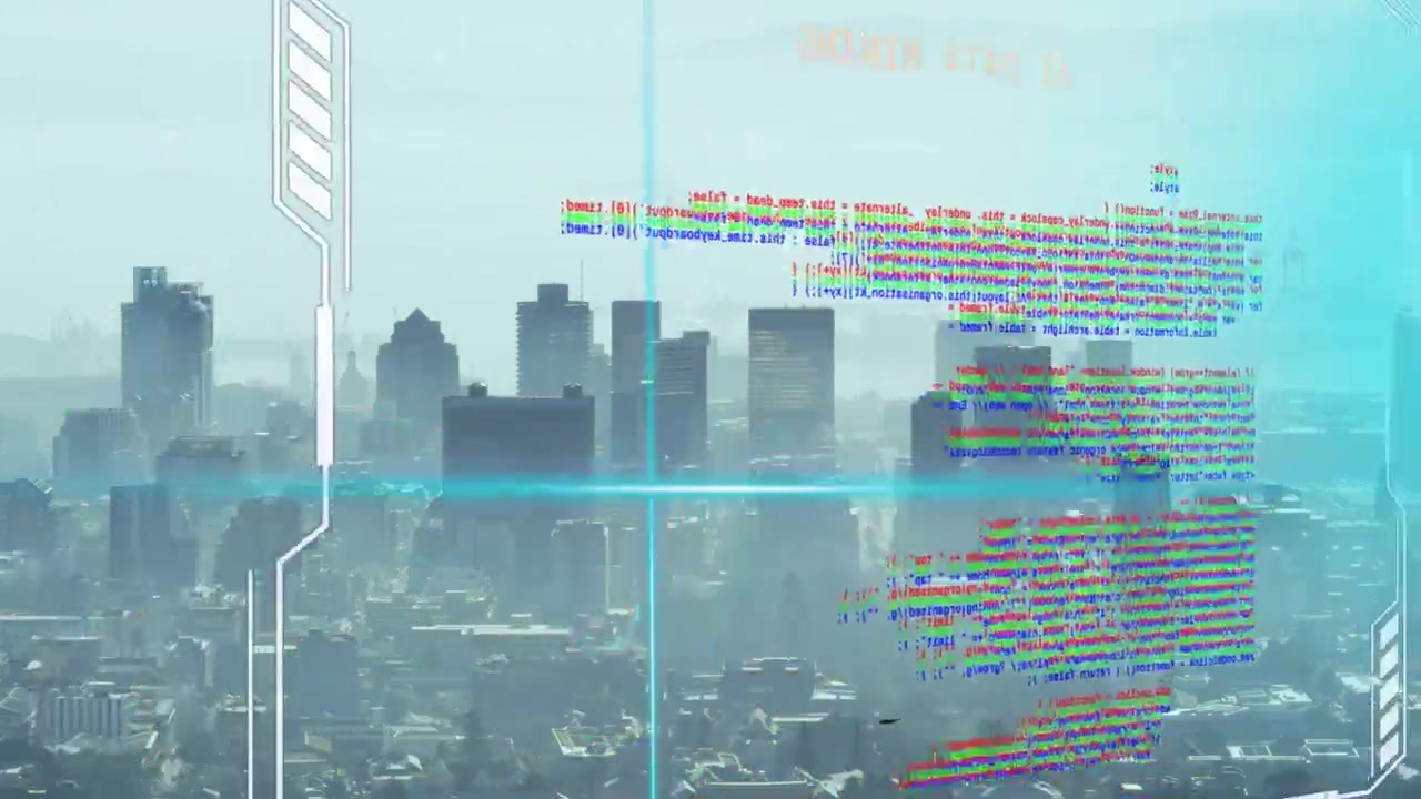 Cityscape displaying tech data panels for analysis as cyan scan line starting glitching, settling