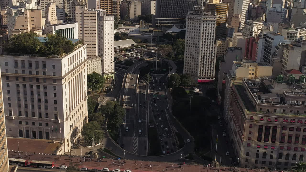 Aerial view of Sao Paulo downtown with vinte e tres de maio avenue and city hall, Brazil