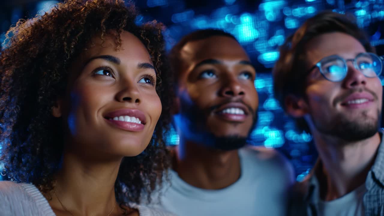 A joyful group of three friends sharing a moment of curiosity and wonder as they gaze upward, illuminated by soft blue light, creating an atmosphere of excitement and connection in a vibrant setting