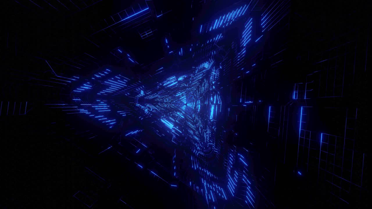 Abstract tech structure, neon blue triangle sci-fi tunnel. Futuristic VJ loop motion graphics for music video, night club concert, audio visual show background. Time warp portal. 3D animation 4K loop