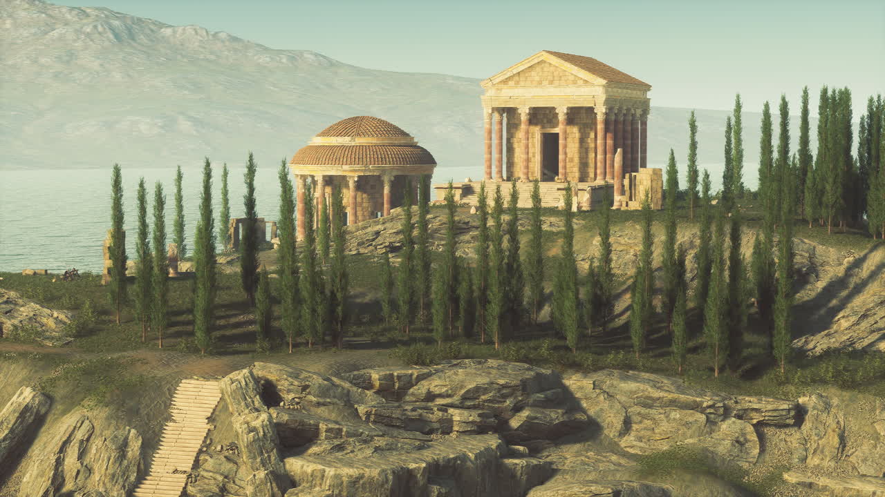 해가 지는 동안 조용한 바다를 내려다보는 고대 로마 사원의 유적