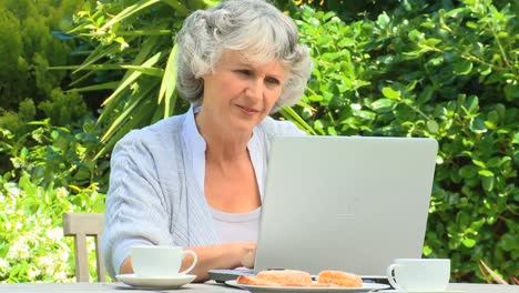 Frau-Arbeitet-An-Ihrem-Laptop-Im-Garten