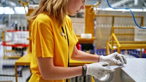 female inside industry factory. industry worker working on industry project at work site