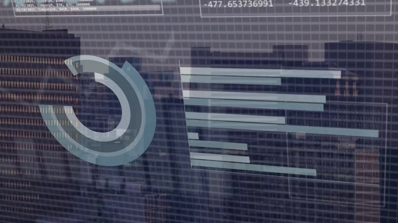 Data stream starting HUD assembling on grid glass, pie rotating, bars growing, showing city metrics
