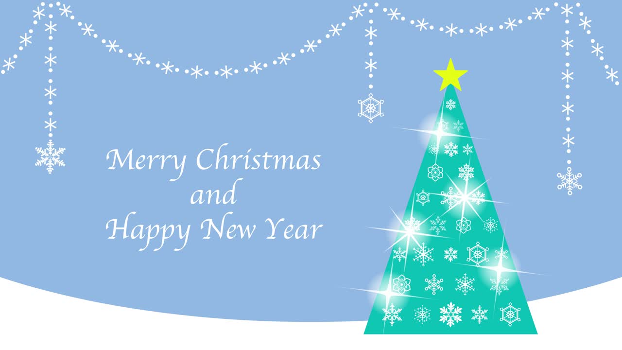 크리스마스 트리의 크리스마스 카드: 눈송이가 회전하고 빛나고 흔들리는 4k 비디오