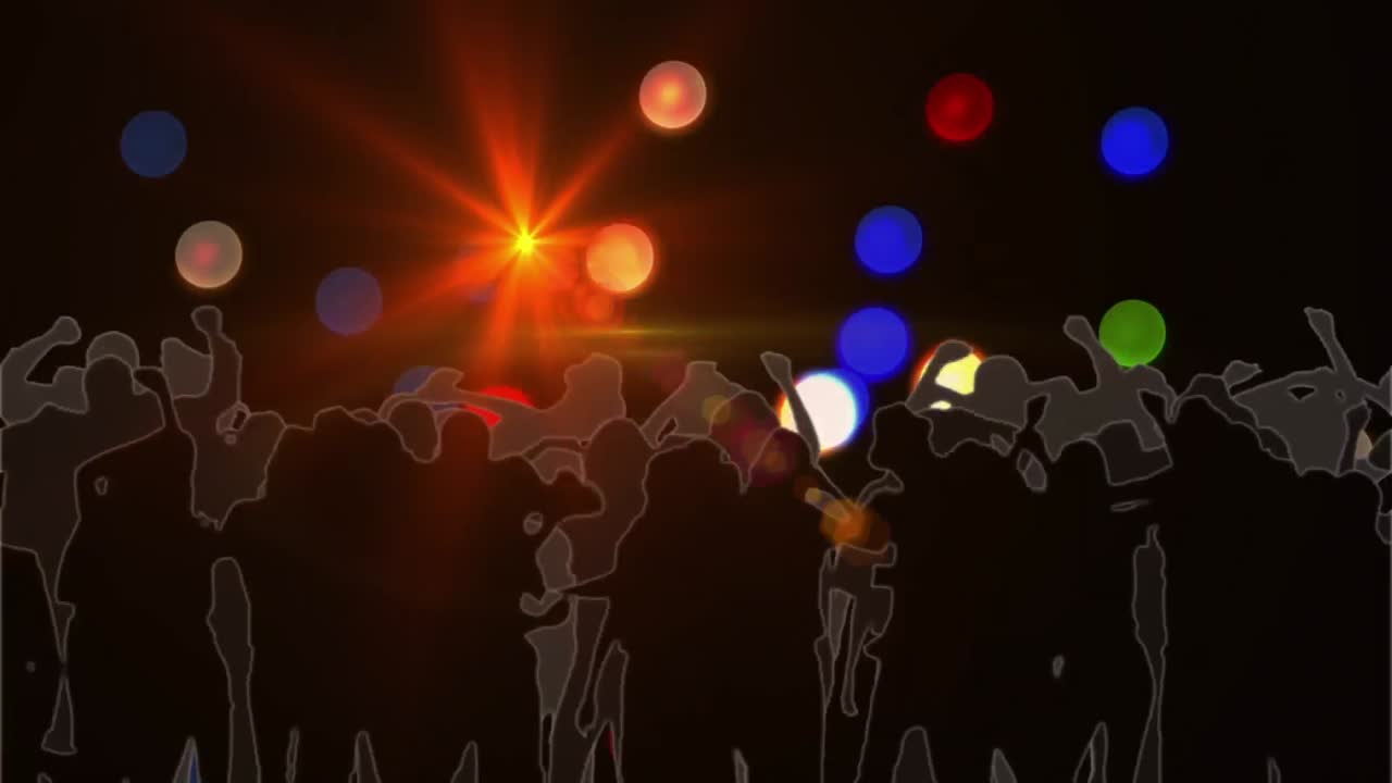 animación de siluetas de personas bailando con puntos brillantes de luz
