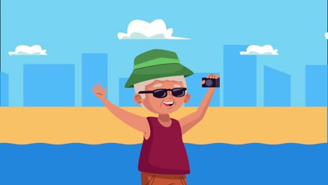 viejo turista lindo en la playa personaje de animación