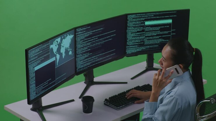 Woman programmer on the phone in a green screen background