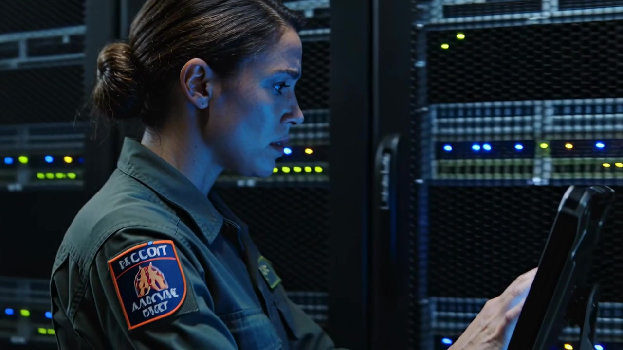 Reacting to rack LED alert, woman tech in patched uniform checking rugged tablet in server aisle