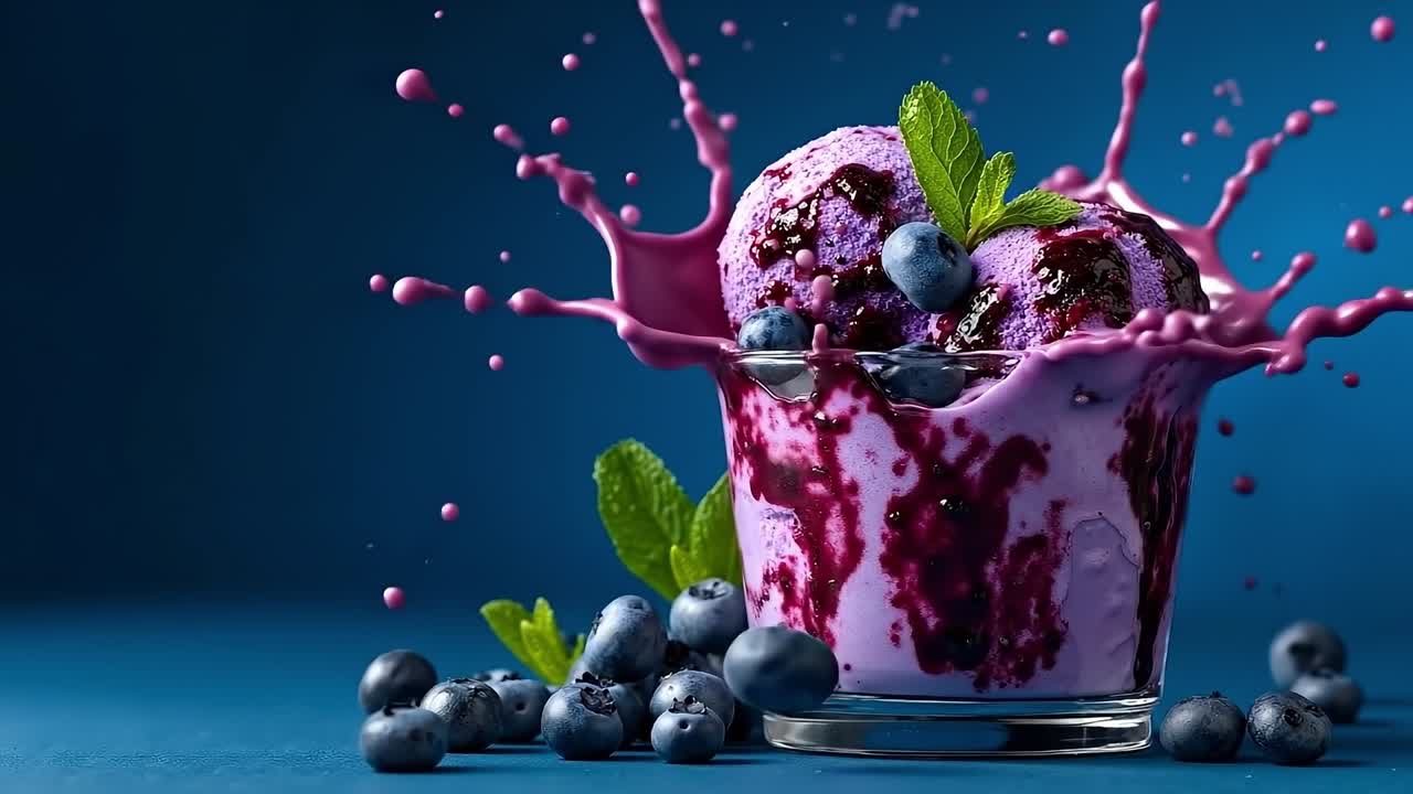 A glass of blueberry ice cream with blueberries splashing out of it
