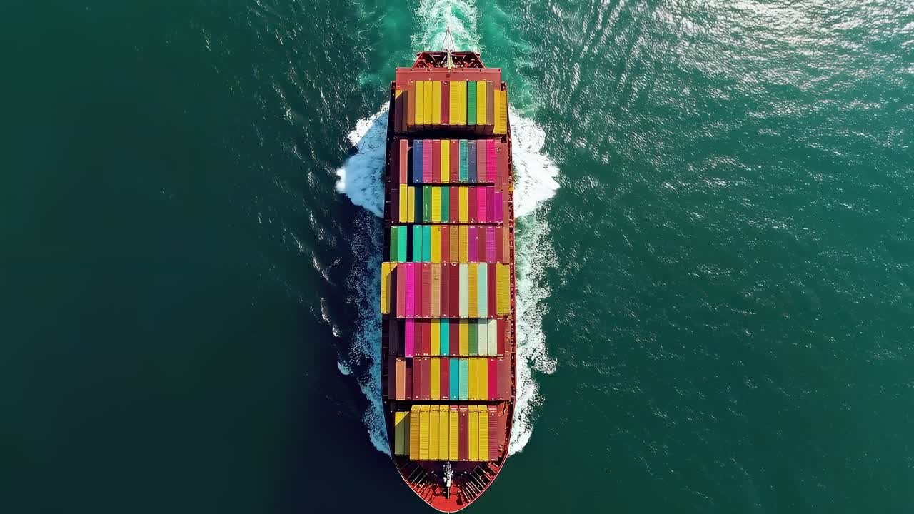 Aerial Top-Down View of a Cargo Ship with Colorful Containers Sailing on the Ocean