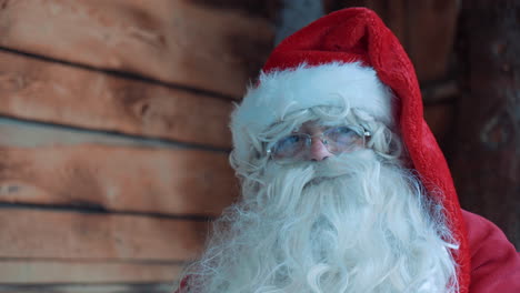 primer plano de santa claus afuera de una casa de madera y hablando