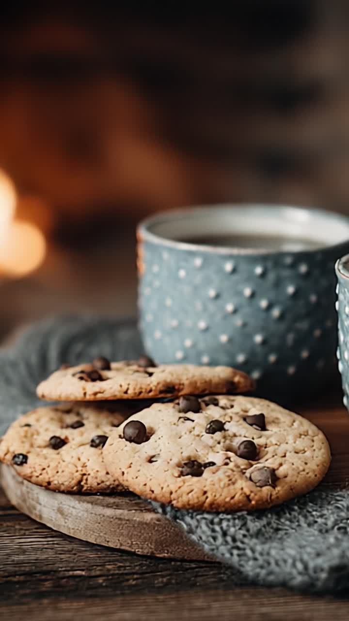 Golosi biscotti con gocce di cioccolato serviti con bevande calde accanto a un camino accogliente: un piacere perfetto per comfort e relax
