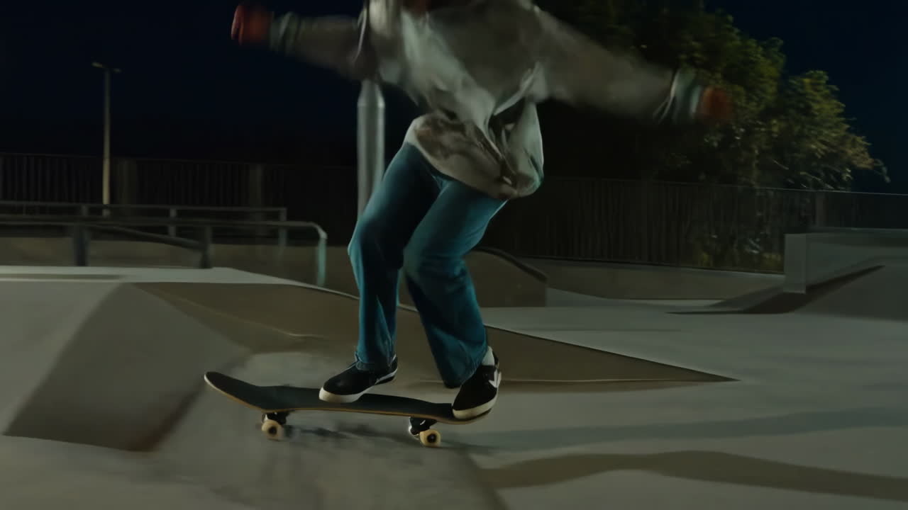 Skateboarder at the skate park at night