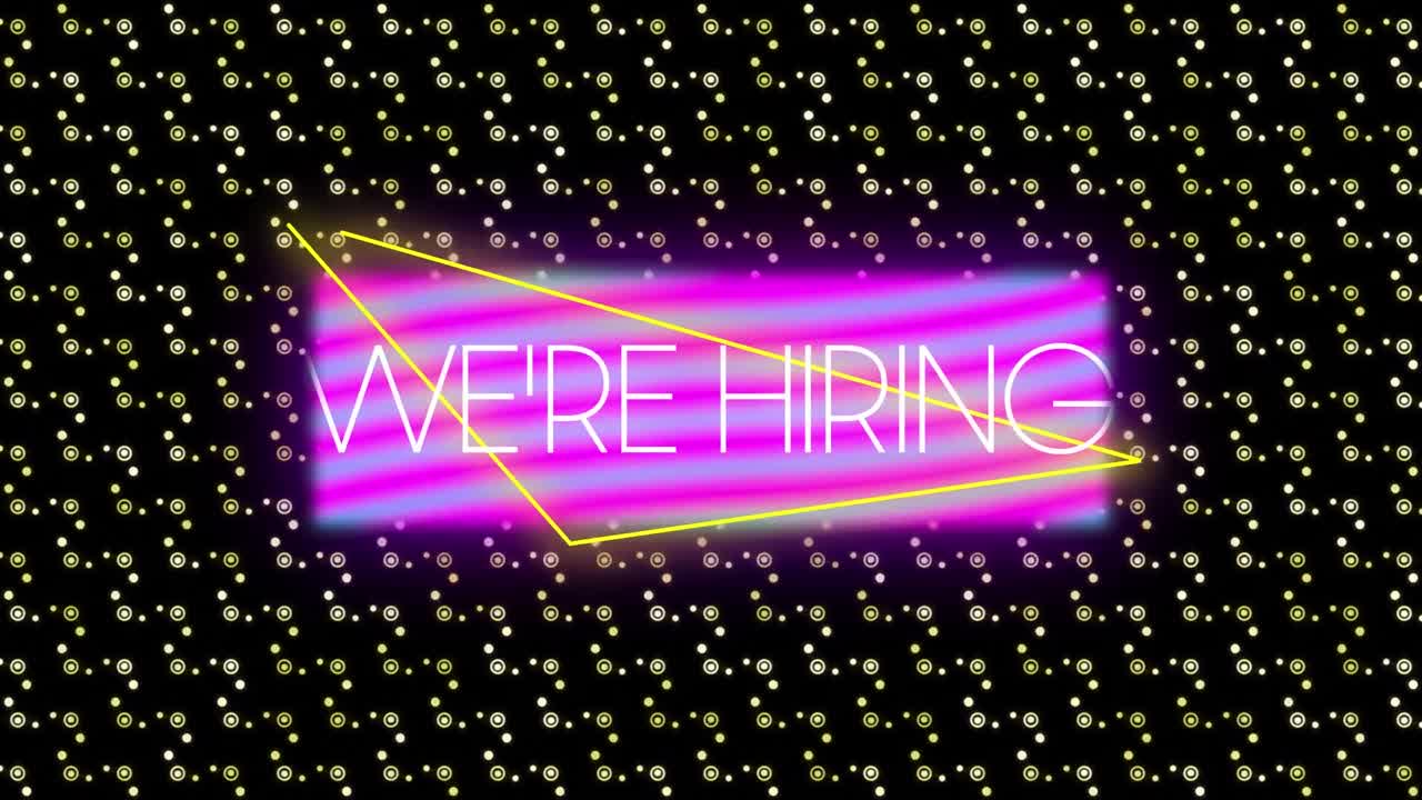 Animation of we're hiring text with pattern on black background