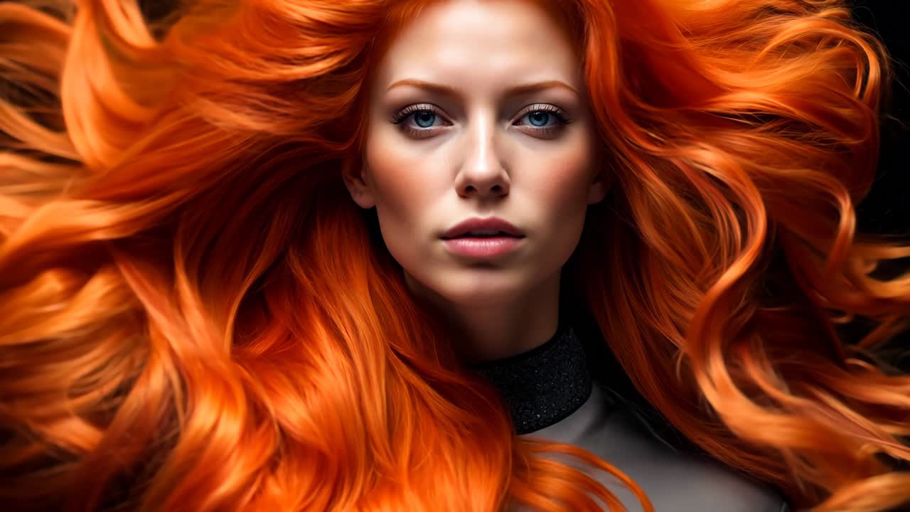 긴 빨간 머리카락 을 가진 여자 가 사진 을 찍기 위해 포즈 를 취하고 있다