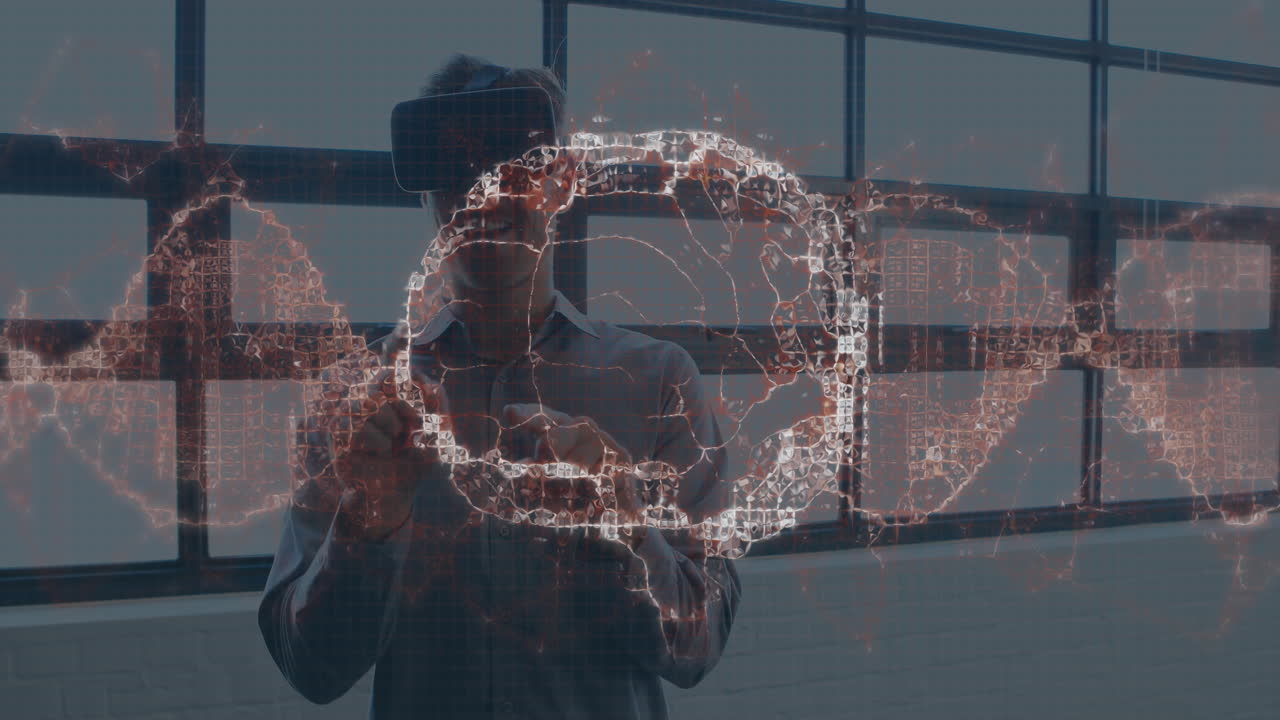 Animation of human brain spinning and data processing over businessman wearing vr headset