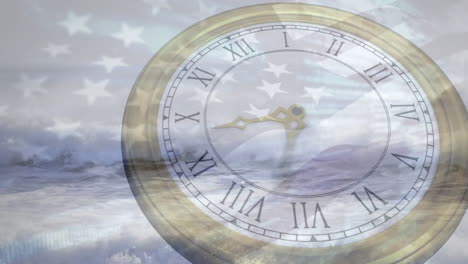 animation of fast moving hands on clock over american flag and ocean