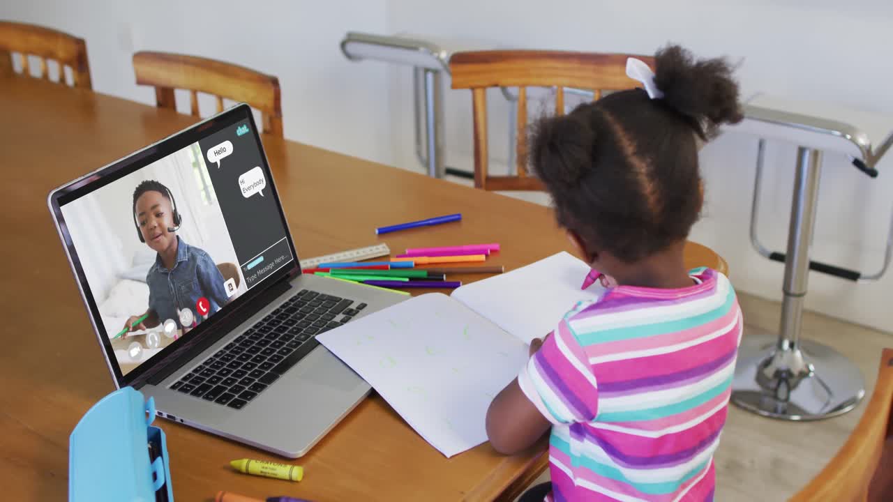 Schoolgirl using laptop for online lesson at home, with her colleague and web chat on screen