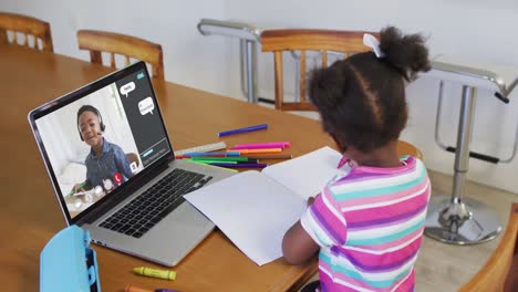 schoolgirl using laptop for online lesson at home, with her colleague and web chat on screen
