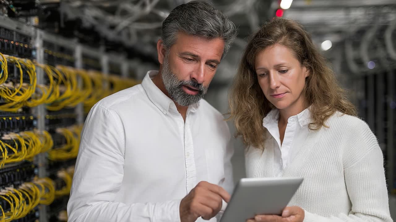 Two professionals collaborate in a data center, analyzing information on a tablet while surrounded by server equipment and network cables, showcasing teamwork in technology