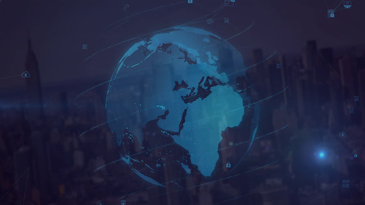 Rotating digital globe with data icons animation over cityscape background