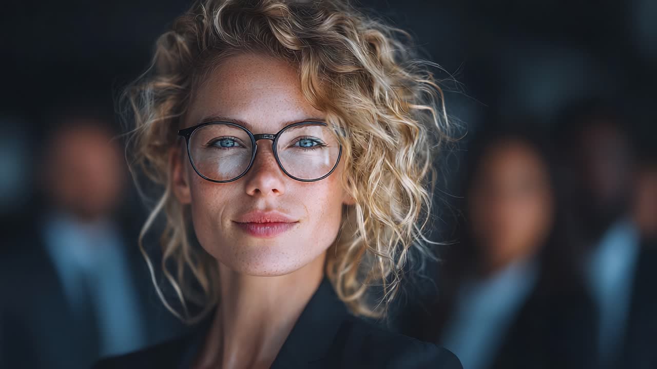 En selvsikker forretningskvinne med krøllete hår og briller skiller seg ut i en profesjonell setting, og utstråler lederskap og karisma blant kolleger i bakgrunnen