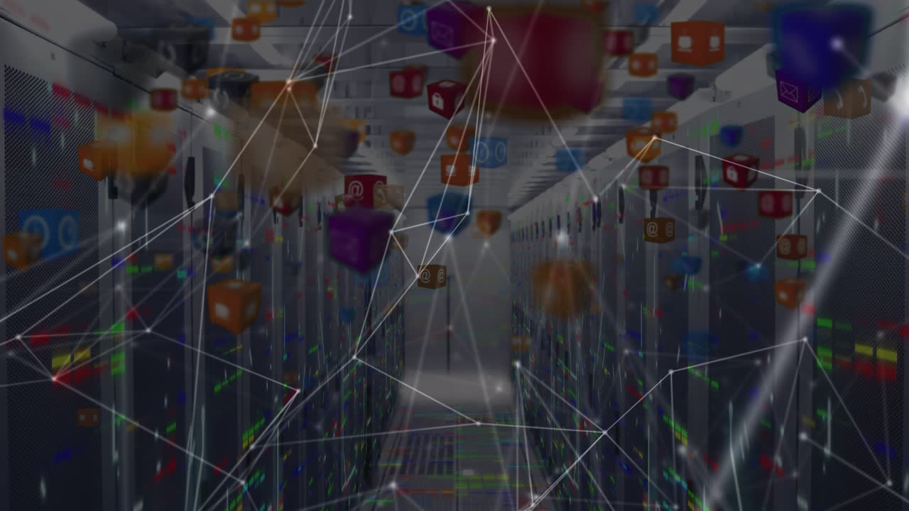 Animazione di una rete di connessioni con icone sopra una server room
