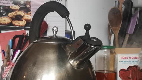 real time whistling kettle with skull lid boiling steam vapor on kitchen stove