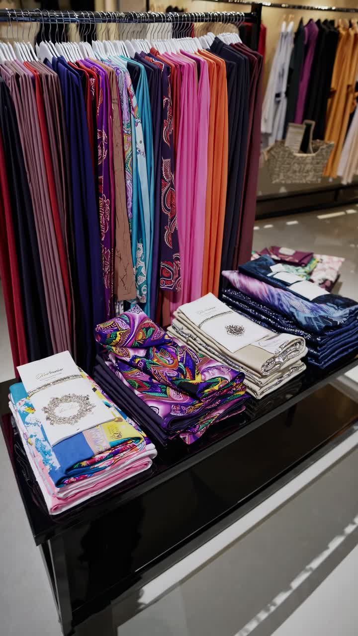 Wide-angle shot of a modern clothing store interior, showcasing colorful garments on racks
