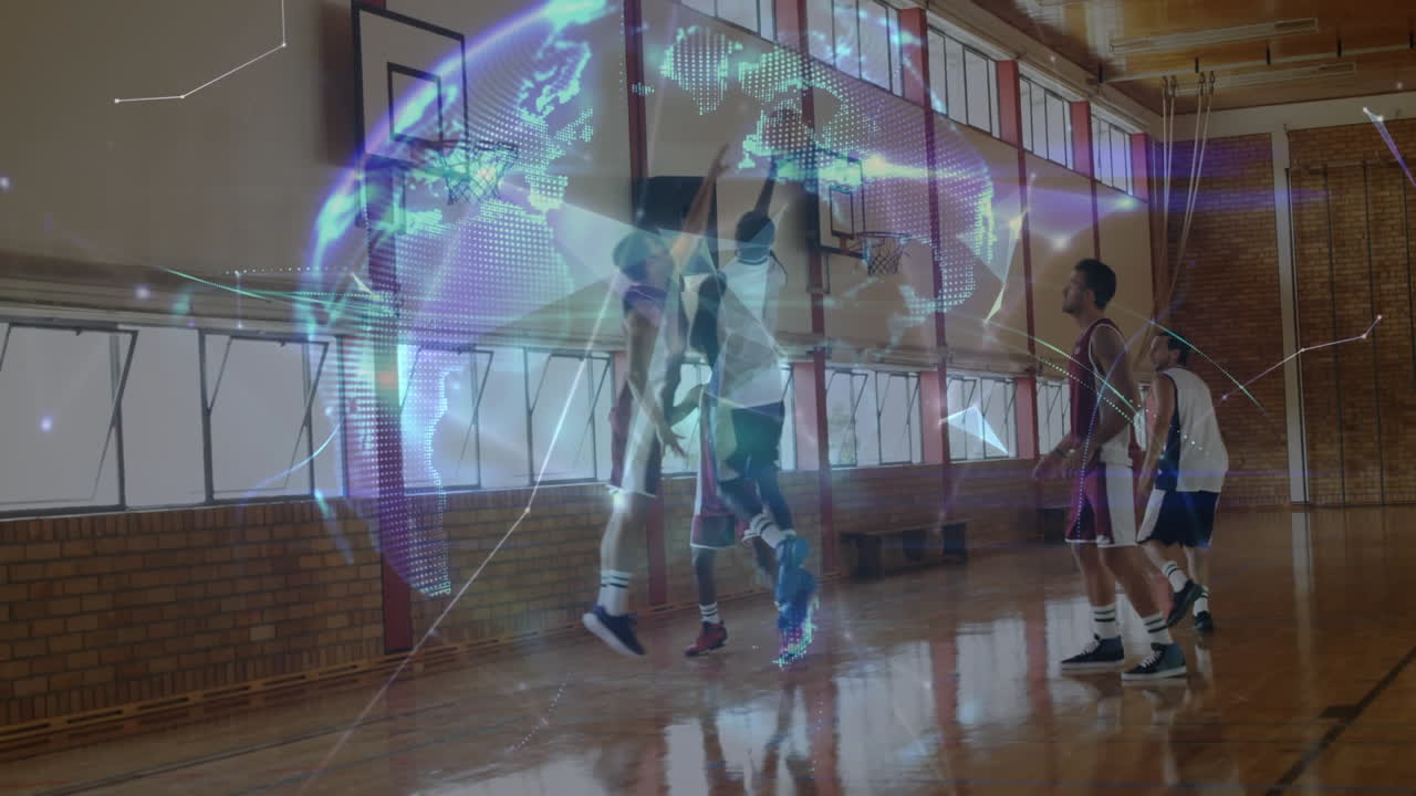 animación de redes de conexiones con el mundo sobre un grupo de diversos jugadores de baloncesto en el gimnasio