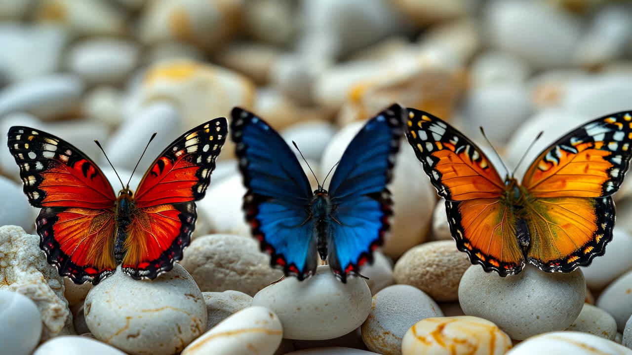 Farfalle colorate appoggiate su delle pietre. Tre farfalle con ali vivaci sono posate su pietre lisce, creando una splendida composizione naturale