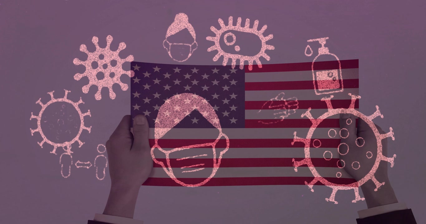 Animation of virus cells and covid icons over hands holding flag of usa