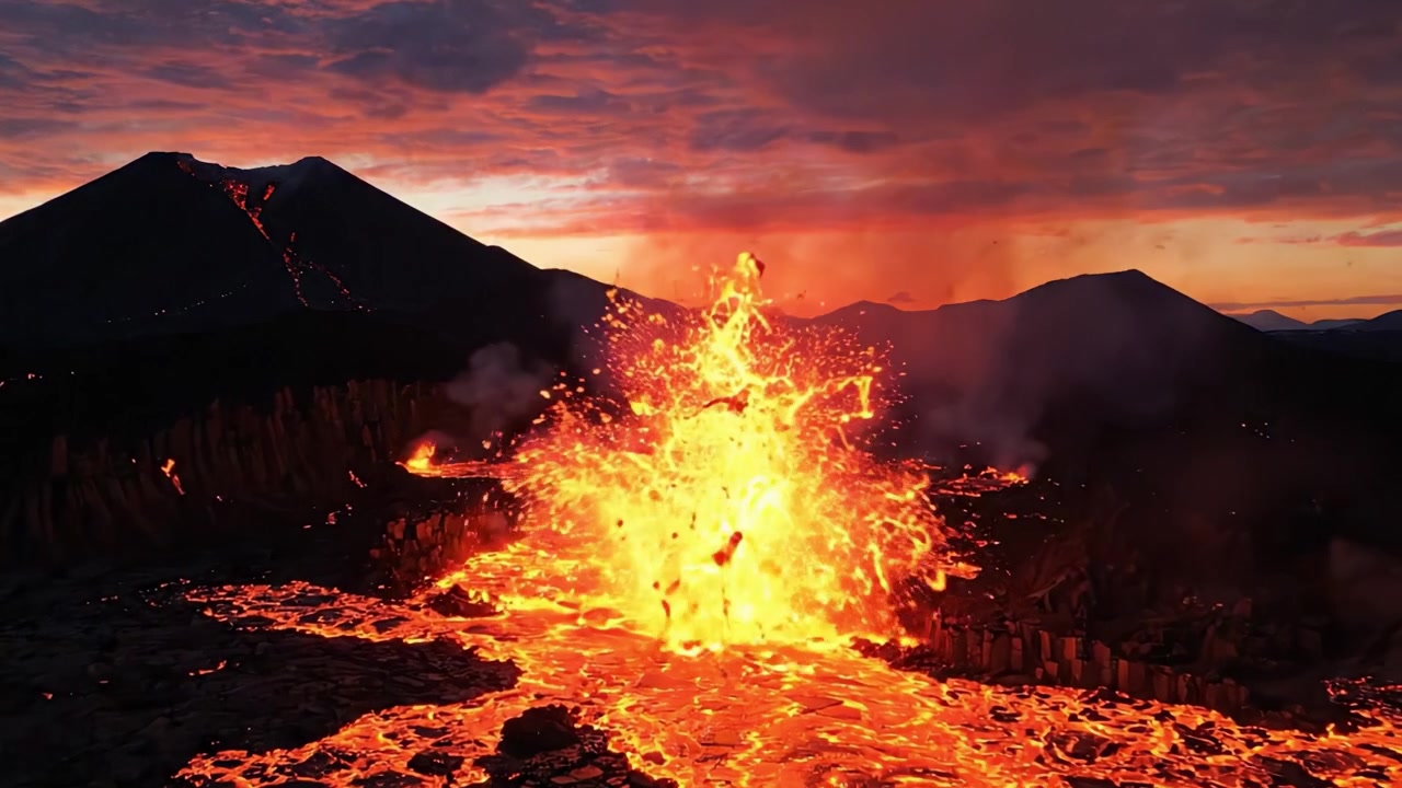 宏偉噴發：在壯麗夕陽下，熔岩鮮明流淌的驚人景象，背景是動態的火山峰。