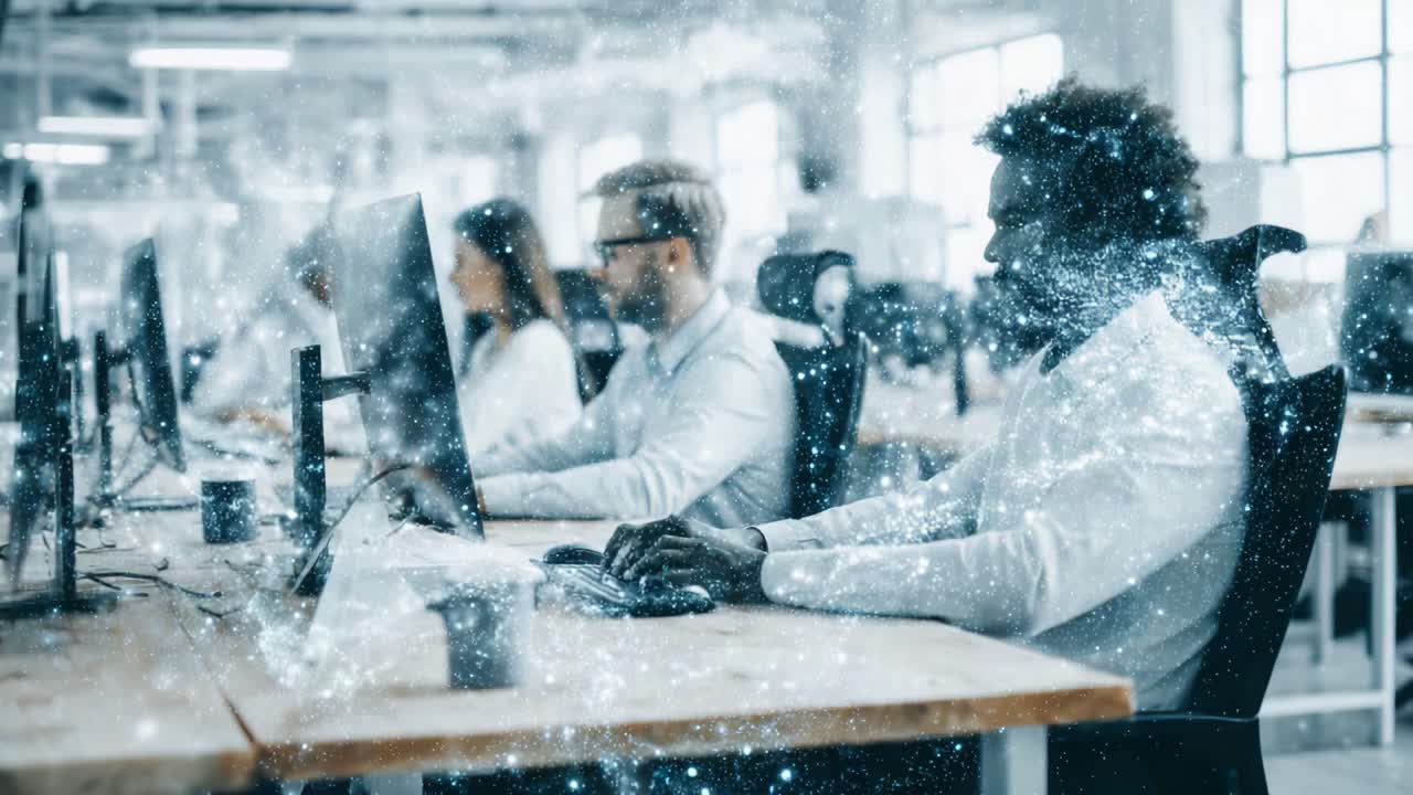 Focused Professionals Working Intently at Computers in a Modern Office, Surrounded by a Sense of Technology and Collaboration, Capturing the Essence of a Productive Environment