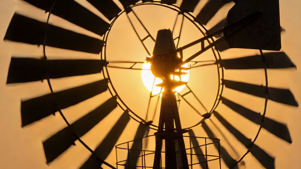 Light wind turning windpump rotor and tower at farm, pumping water while sun moving behind hub