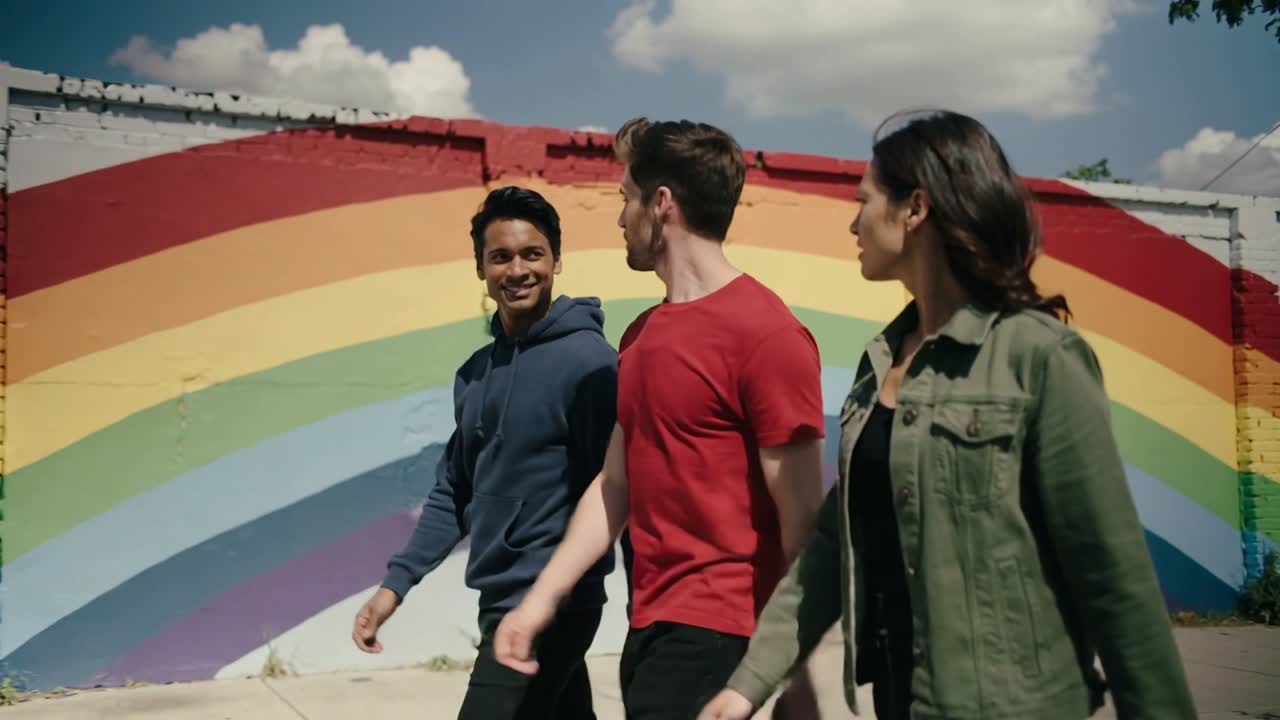 Entering frame, trio walking on sidewalk past rainbow mural, hoodie, red tee, olive jacket chatting
