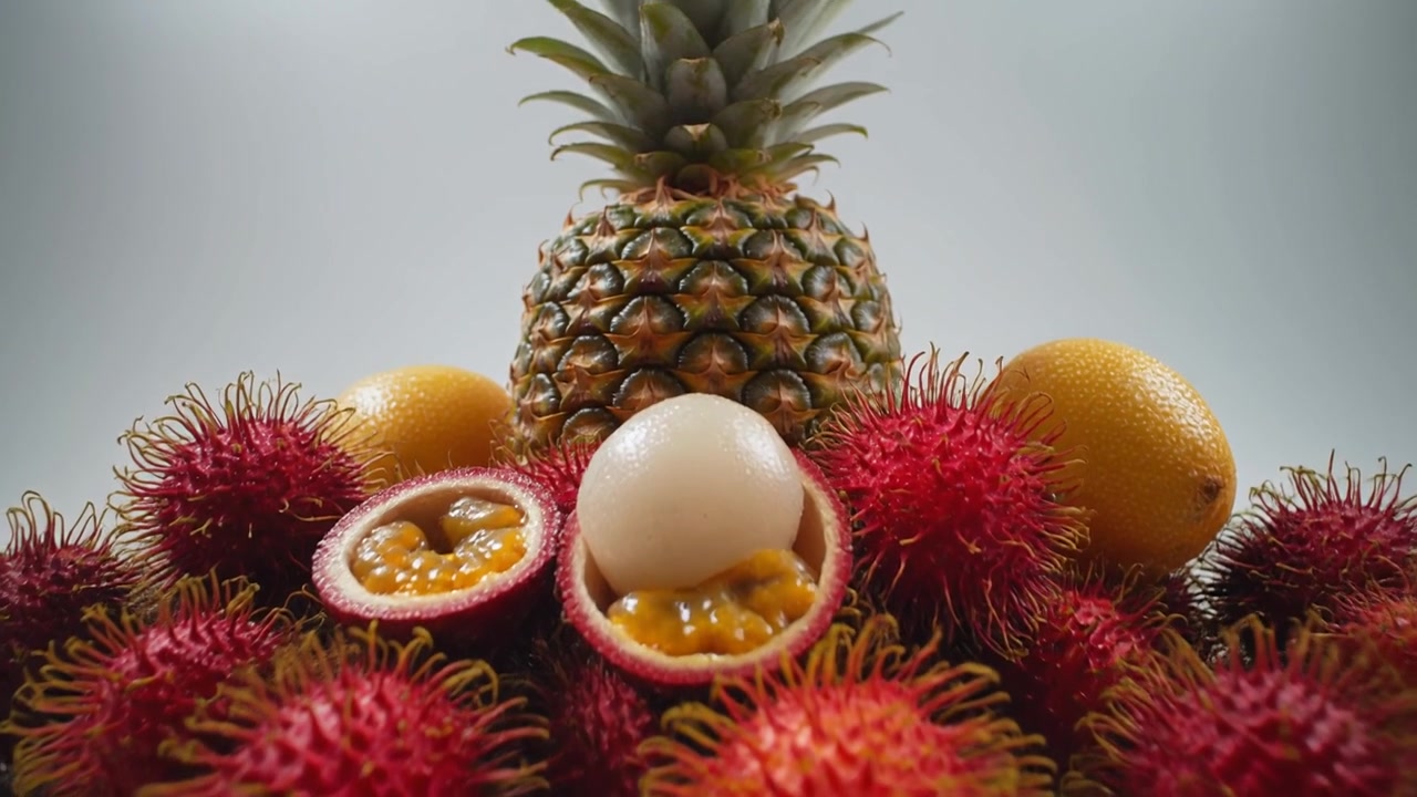 Frutta tropicale assortita, inclusi rambutan, ananas e frutto della passione