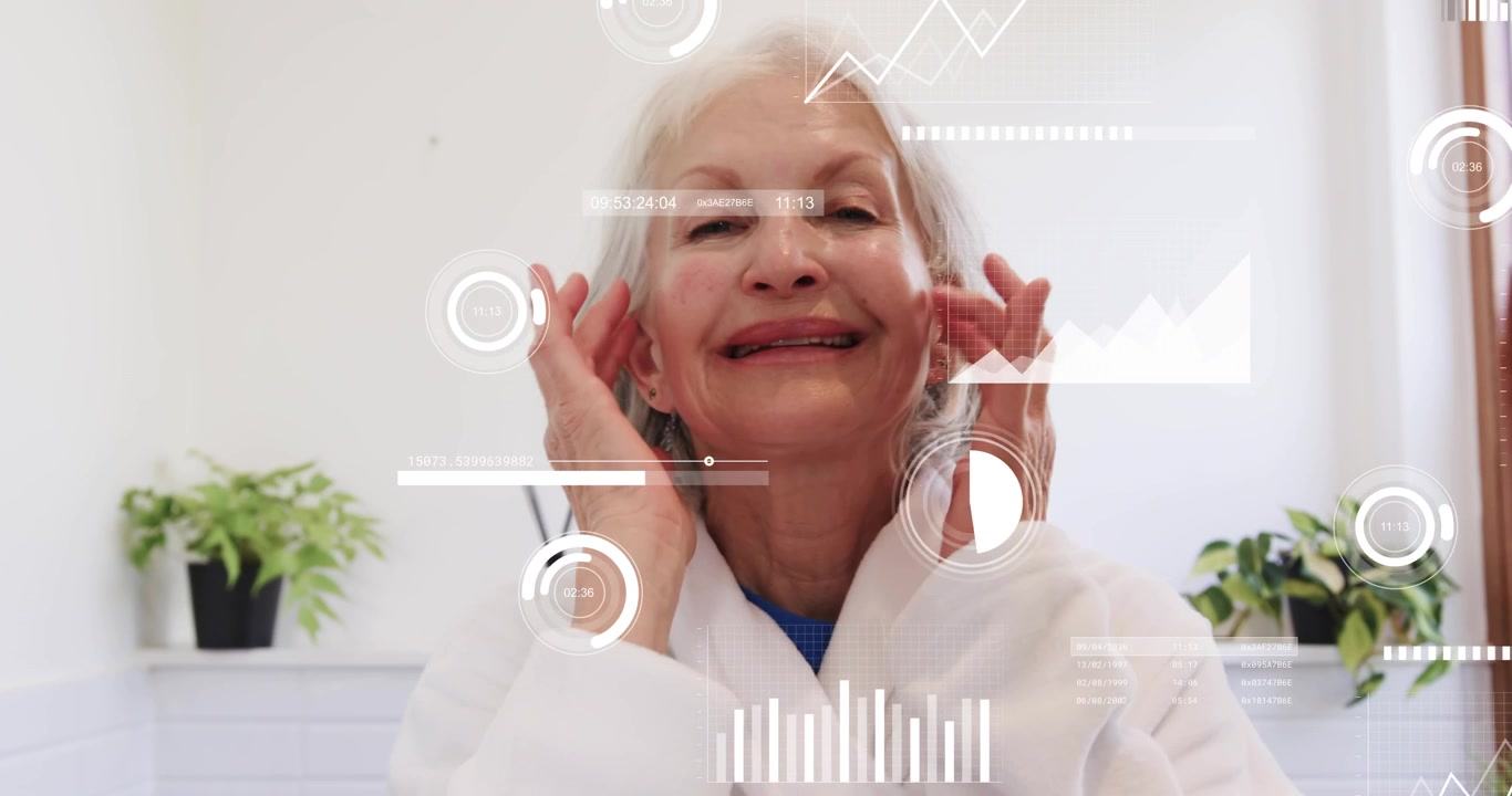 Senior woman framing face starting facial massage for skin monitoring while HUD graphs animating