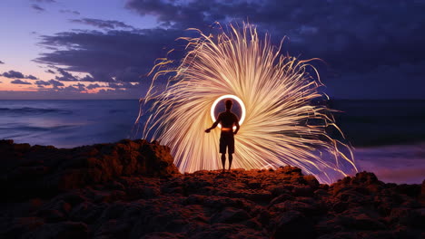 person creating light painting sparks on a rocky beach at twilight