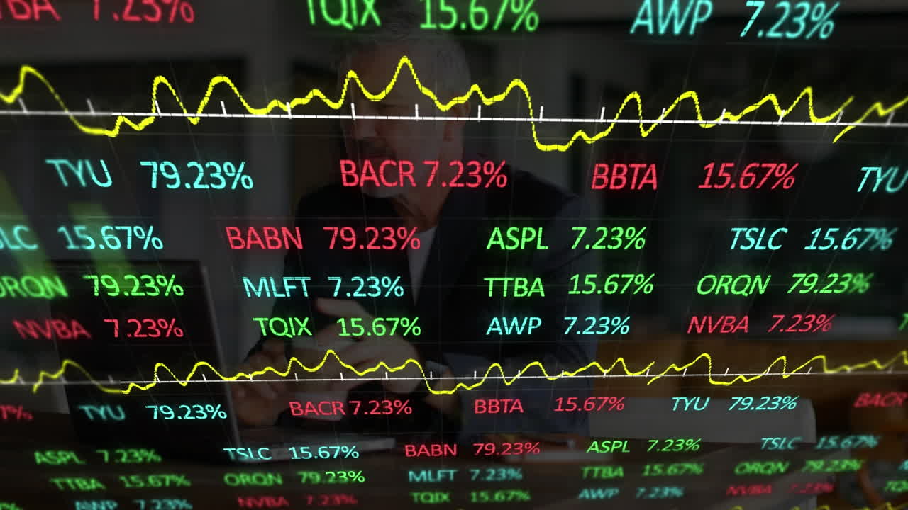 Animazione di elaborazione di dati finanziari su un uomo d'affari che utilizza un laptop
