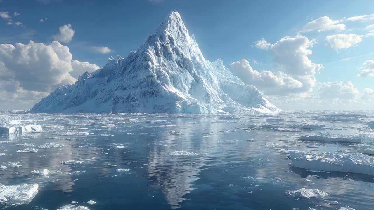 Majestic Iceberg Towering Over Tranquil Waters Under Bright Blue Sky with Fluffy Clouds: A Stunning View of Nature's Frozen Grandeur