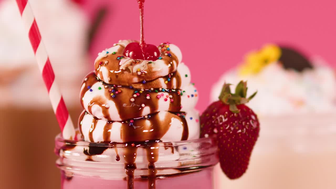 Una mano inserisce una cannuccia a righe rosse e bianche in un goloso milkshake alla fragola
