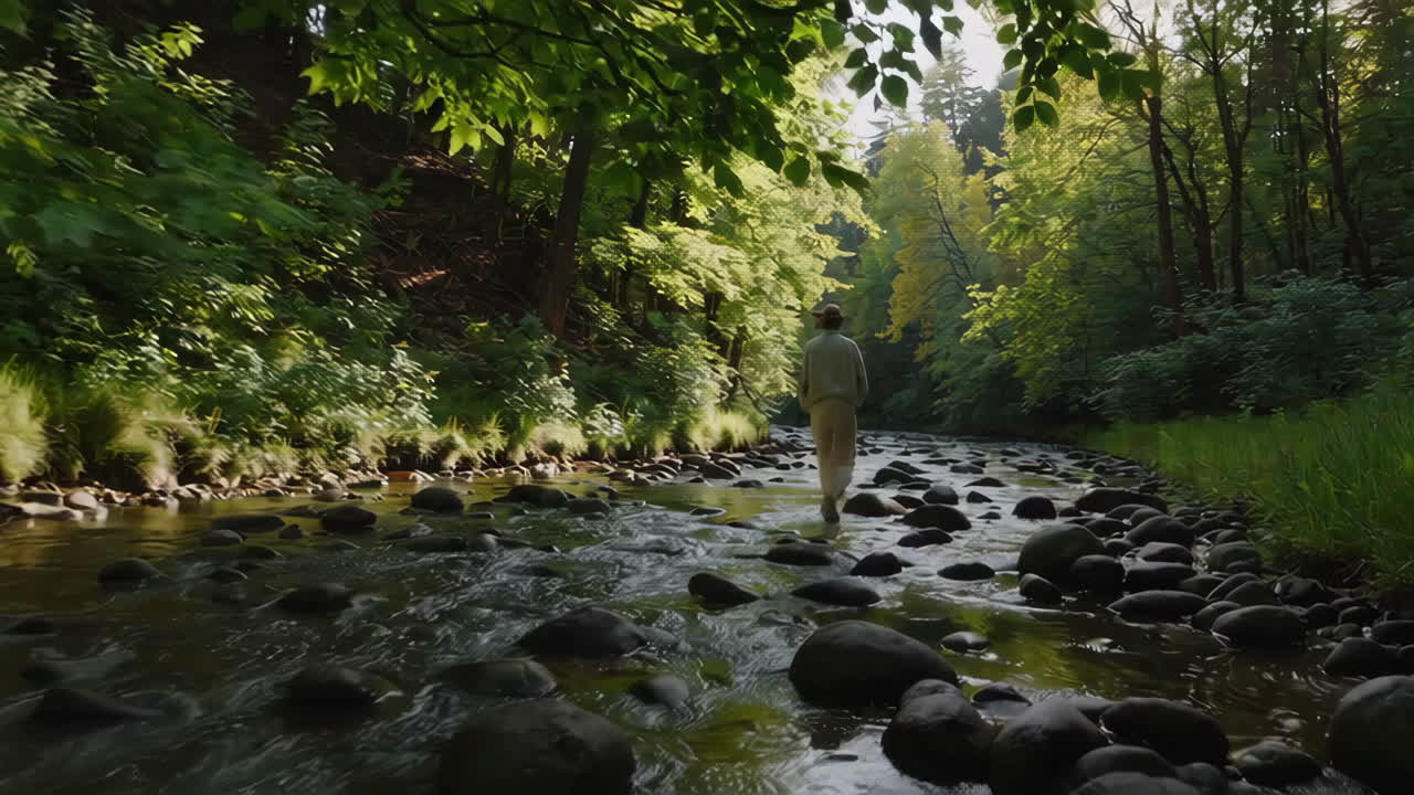 Person Hiking Through a Forest Creek
