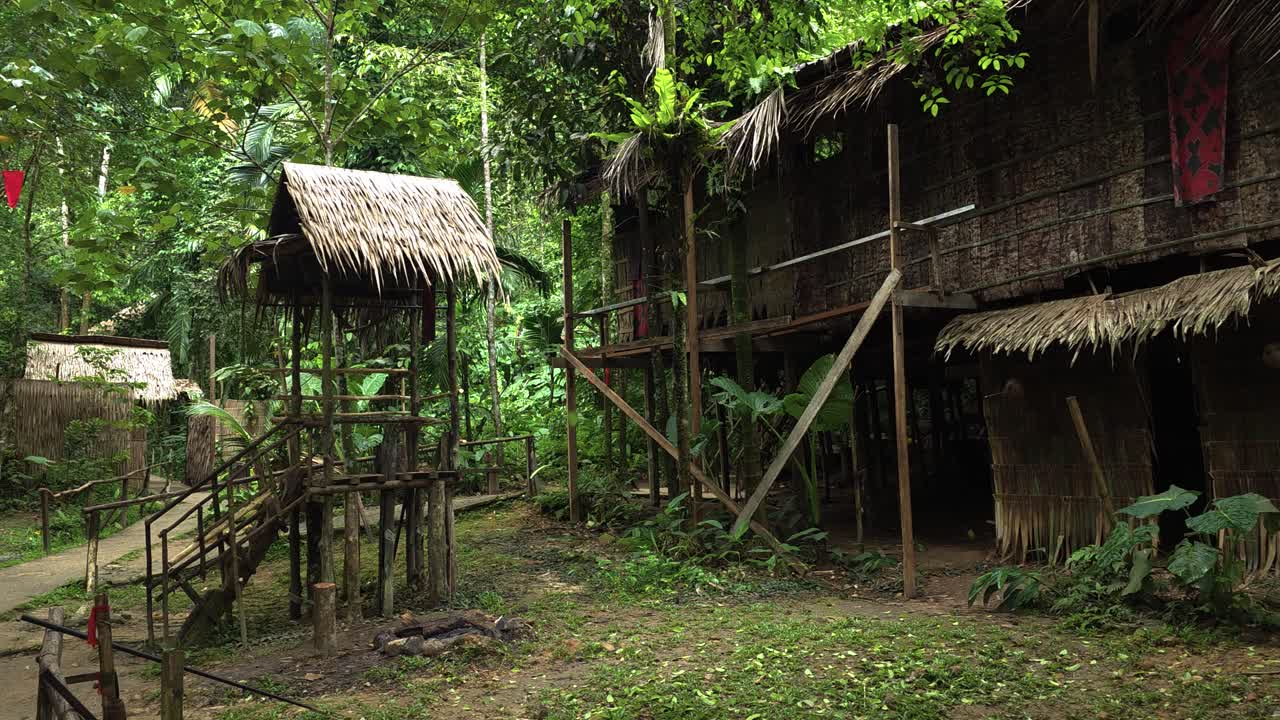 Traditional elevated houses with thatched roofs and access ramps stand among tropical trees in Mari Mari cultural village, Kota Kinabalu, Malaysia - revealing shot wide angle
