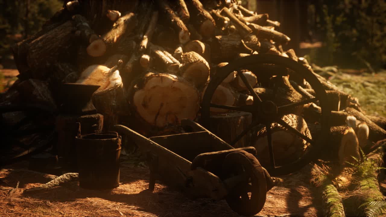 해가 지는 시점 에 숲 에서 겨울 을 위해 연료 를 준비 하는 것