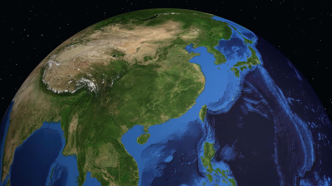 En digital jordklode roterer og zoomer fra det ydre rum ind på Pingxiang, Kina, med tekstetiketter.